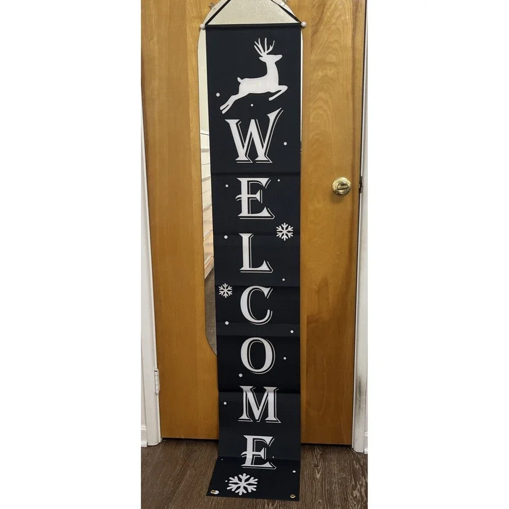 Lot of 2 Porch Sign Hanging Banners - Merry Christmas Trees & Welcome Reindeer